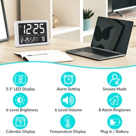 SZELAM Alarm Clock, Digital Clock,5.5 "Larger Display LED Electric Digital Clock,6 Brightness Levels,Volume Adjustable,Date Temperature Display Table Clock for Bedside Desk Bedroom