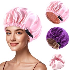 Silk Bonnet for Sleeping Women Satin Bonnet Hair Accessories Adjustable Curly Natural Braids, Pink&purple, One Size