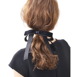 VINGTAINE H-493A Velvet, Satin, Long, Ribbon, Pony Hook, Hair Elastic, Hair Cuff, Hair Hook, Adult Cute, Elegant, Women's, Black