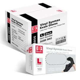 Basic Vinyl Exam Gloves, 4 mil Safty Glove Latex-Free & Powder-Free, SGBE 8003 Synmax Disposable Medical Glove Large (Case of 1000, Black)