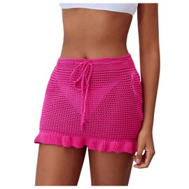 Milumia Women's Crochet Hollow Out Tie Front Ruffle Hem Cover Up Skirts Beach Mini Skirts Hot Pink Small