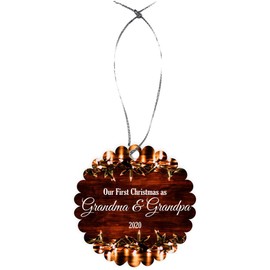 Our First Christmas as Grandma & Grandpa 2020 - Fairy Lights Wood Backdrop Design Scallop Christmas Tree Ornament with String