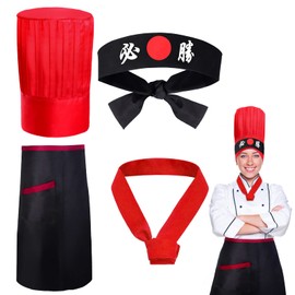 Keymall Hibachi Chef Hat Teppanyaki Tall Chef Cap with Hachimaki Headband Tie Apron for Hibachi Party Chef Costume