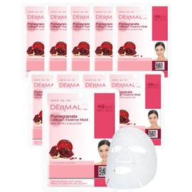 DERMAL Mascarilla Facial Coreana De Colágeno Y Granada (Paquete De 10) - Revitalizante, Piel Radiante Y Elástica - Hipoalergénica Y Respetuosa Con La