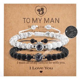 GBTBYS Couples Bracelets 2 Pcs Matching Bracelets for Boyfriend and Girlfriend White Black I Love You 100 Languages Projection Stone Bracelets Distance Bracelets Gifts for Couples To My Men
