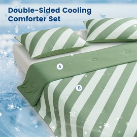 Snuggle Sac Mediterranean Stripe Cooling Comforter Queen Size Set, Q-Max ＞0.45 Striped Cooling Blanket for Hot Sleepers & Night Sweats, Double-Sided Lightweight Breathable Summer Quilt, 90x90 Green