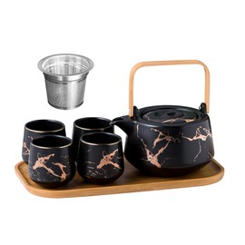 Jusalpha Marble Porcelain Teapot Set Modern Japanese Tea Pot with Infuser for Loose Tea, 4-Piece Tea Cups (6.7 OZ) with Bamboo Tray - Tea Cups Set for Home and Restaurant, FDJPT4 (Black)