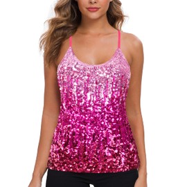 MANER Women’s Sequin Tops Glitter Party Strappy Tank Top Sparkle Cami (M/US 8-10, Bright Pink/Rose Red/Red)