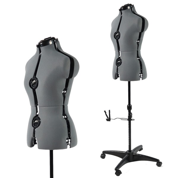 PDM WORLDWIDE Adjustable Dress Form Mannequin for Sewing Female Size 6-14, Gray Pinnable Model Body with 13 Dials & Detachable Casters, 42.5"-60" Height Range for Clothing Display, Small to Medium