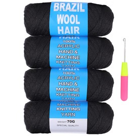 COOKOO COOKOO 4 Roll Natural Black Brazilian Wool Hair Acrylic Yarn for African Crochet Hair Jumbo Braids Senegalese Twisting Knitting Hair Braids Faux locs Spiral Corkscrews Braids Twist Wraps 70G/Roll(1B#)