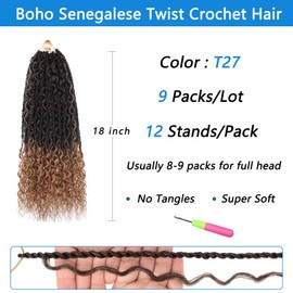 ZRQ 9 Packs Senegalese Twist Crochet Hair 18 Inch Black Brown Pre Looped Synthetic Braiding Hair Boho Island Twist Crochet Hair with Curly Ends for Women