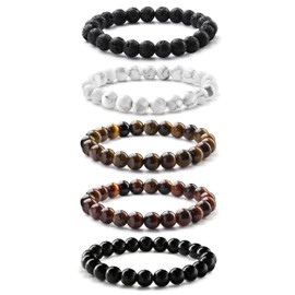 Finrezio 3-5Pcs Bracelets for Men Elastic 8mm Beaded Tigers Eye Bracelets Men Beaded Bracelet Stretch Lava Rock Bracelets Natural Stone Beaded Bracelet Set