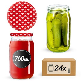 KADAX Preserving Jars 760 ml with fi82 mm Screw Lids, Screw Jars, Large Jars with Twist Off Lid, Preserving Jars for Cucumbers, Preserving Jars, Preserving Jars (Heart, Pack of 24)