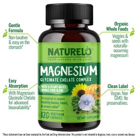 NATURELO Magnesium Glycinate Chelate Complex - 200 mg Magnesium with Organic Vegetables to Support Sleep, Calm, Muscle Cramp & Stress Relief - Gluten Free, Non GMO - 120 Capsules