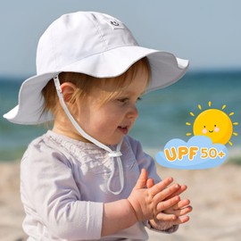 Baby Sun Hat with UPF 50+ Sun Protection Toddler Sun Hat Summer Beach Bucket Hats with Wide Brim Age 0-24 Months White