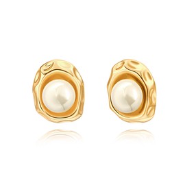 PERNNLA PEARL Dainty Pearl Gold Stud Earrings Statement Hammered Gold Dangle Earring for Women Cute Button Pearl Birthstone Earrings