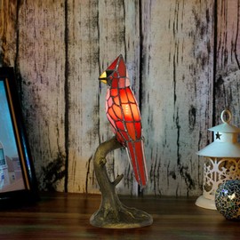HomeBeauty Cardinal Tiffany Style Accent Table Lamp in Height 14.5" Overall, Handmade Stained Glass Red Bird Lamp for Bedside Livingroom Bedroom Home Decoration (Red Cardinal)