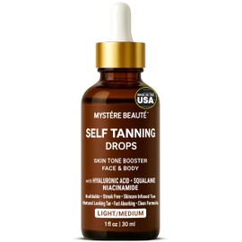 Hydrating Self Tanning Drops – LIGHT/MEDIUM – Face & Body Tint with DHA, Hyaluronic Acid, Squalane & Niacinamide – Natural-Looking Tan – MYSTÈRE BEAUTÉ – 1 fl oz