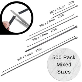 Haus Projekt Cable Ties 500 Pack Black, Assorted Size ​Zipties, 100/200mm x2.5, 200x4.8, 300x3.6, Cable Management Tidy, Heavy Duty Plastic Zip Tie Wraps, Garden Cable Ties, Small Long Wire Organiser