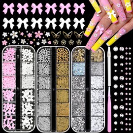 3D Nail Charms and Gems, Pink Colors White Flower Bows Nail Art Charms, Gold Silver Caviar Nails Beads, Half Round Pearl and Flatback Glass Silver&Clear Crystal Gems for Nail Art Decor