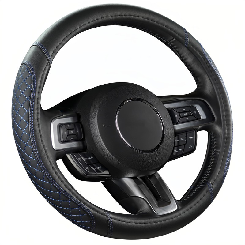 West Llama Car Steering Wheel Cover for Ford Escape,Explorer,Fusion,Focus,Bronco,Transit,Edge(Diamond Quilted-Black+Blue-