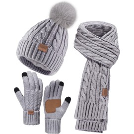 Women Beanie Hat Scarf Gloves Set, 3 PCS Winter Warm Pom Pom Beanie Hat Skull Cap Long Knit Neck Scarf & Touchscreen Gloves Set for Cold Weather, Christmas Holiday Gifts for Mom Wife Friend Sister Her