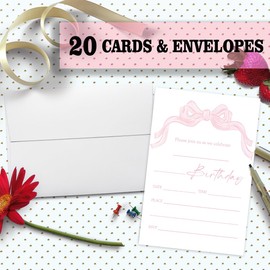 Nopoben Pink Bow Birthday Invitation Cards For Girls Adult Teens, Birthday Party Supplies Favors, 20 Fill-In Invitation Cards with Envelopes -26