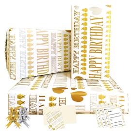 Gold Wrapping Paper, Birthday Wrapping Paper, 85 x 60 cm, 4 Sheets of Gift Paper with 4 Gold Bow Ties, 2 Birthday Cards, 4 Gift Tags, Wrapping Paper Set for Children, Girls, Boys, Women, Men, Baby