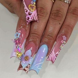 24 Pcs Long Square Press on Nails Butterfly Charms Fake Nails with 3D Flower Art Design Luxury Rhinestones False Nails Artificial Acrylic Nails French Press ons Reusable Nails for Women