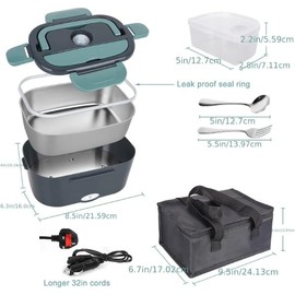 Electric Lunch Box 1.5L, Upgraded 60W Heated Lunch Boxes for Adults, 12V/24V for Car & 110V/240V for Home Food Warmer Lunch Box With Carry Bag Fork Spoon, Leak-Proof, Perfect for Car/Truck/Office