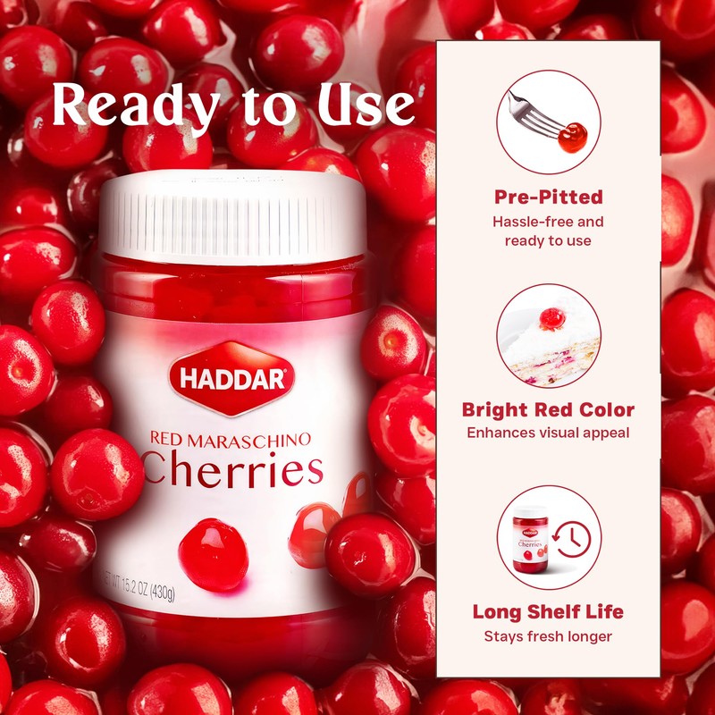 Haddar Red Maraschino Cherries, 12.6 oz (2 Pack) | Old