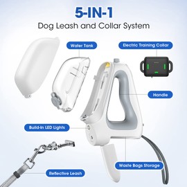 5-in-1 Dog Leash and Training Collar System for Walking & Training-7.4ft for Dogs Up to 220lb,with Detachable Water Tank, Built-in LED, Poop Bag Storage,Rechargeable No Shock Dog Training Collar