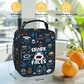 SJEFOJ Shark Lunch Box for Men Women, Insulated Lunch Bag for Men, Thermal Lunchbox for Man, Cooler Lunches Tote Bag for Man Adult Cartoon Shark Faces Reusable Leakproof Portable Work Office Picnic