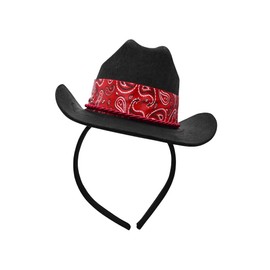 Nicky Bigs Novelties Adult Womens Mini Cowgirl Hat Headband - Small Black Cowboy Hat Fascinator - Red Paisley Bandana Trim Unisex Costume Accessory