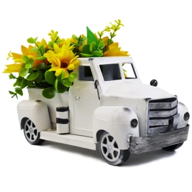 Fleecy day Decoración de camión clásico, maceta de metal rústica para casa de campo, modelo de automóvil, regalo de modelo de automóvil, almacenamiento decorativo de mesa y maceta de metal con girasol (blanco)