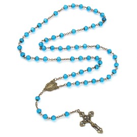KOMI Catholic Women's Crystal Rosary Beads Necklace with Crucifix Cross, 8MM, Blue Crystal Pearl, Adult Unisex, Fashion Jewelry, Rosary Necklace