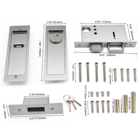 Rectangular Pocket Door Mortise Lock and Edge Pull, Narrow Modern Sliding Door Pop-Up Handle, (Bed/Bath) Pull Latch, Recessed Hardware for 1 3/8” to 2 3/16” Thickness (Keyed Lock, Brushed Nickel)