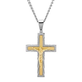 Men's Stainless Steel Yellow Crucifix Pendant - 24" Curb Chain with Lobster-Claw Clasp