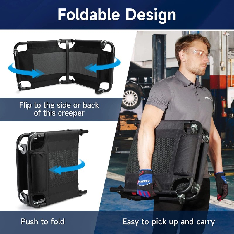 WORKPRO 40" Foldable Mesh Creeper w/Headrest & 4 Caster Wheel
