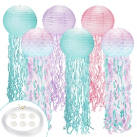 Jellyfish Paper Lanterns 6Pack,10 Inch Mermaid Birthday Decorations Mermaid Scales Pink Lavender Blue with String and Hooks,Hanging Jellyfish Decor for Mermaid,Under The Sea,Ocean Themed Party(10Inch