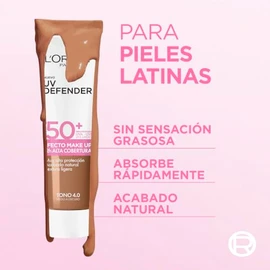 L'Oréal Paris UV Defender Efecto Make Up FPS 50+ 4.0 Obscuro, Alta Protección Solar Con Tecnología de Maquillaje, 12 Horas Alta Cobertura, 30g