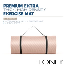 Tone Fitness Premium Extra Thick 1-Inch High Density Exercise Mat with Carry Strap – Non-Slip Workout, Pilates, and Yoga Mat for Home Gym - Color Mocha - Wave Pattern