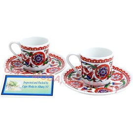 Balgin Turkish Arabic Coffee Espresso Cups 4 Pcs Fancy Set Turkish Porcelain Cups with Saucers Cape Moda Demitasse Cups and Saucer Sets. Includes Two Cups and Two Saucers. (Red & White Lily Tulips).