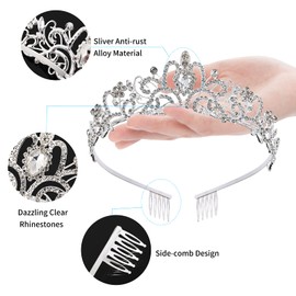 Corona de princesa para mujer, tiaras de vidrio para niñas, accesorios para el cabello de novia, regalos para cumpleaños, boda, graduación, novia, Silver (Pack of 1), Diamante falso, Diamantes de imitación