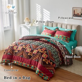 Flysheep Boho Bed in a Bag 6 Pieces Twin Size, Colorful Bohemian Tribal Comforter Set with Teal Sheet Set for All Season(1 Comforter, 1 Flat Sheet, 1 Fitted Sheet, 2 Pillow Shams, 1 Pillowcase)