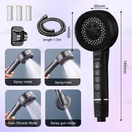 SIGANDG High Pressure Shower Heads Hard Water Filter Shower Head 4-Setting Shower Head with 1.5m Shower Hose and Shower Stand Massage Water Saving Large Shower（Black）
