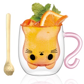 Gohytal Double-Walled Glasses Cup, Cute Cat Cups, 300 ml Coffee Glasses, Latte Coffee Macchiato Glasses, Tea Glasses, Tea, Milk, Coffee Cups, Christmas, Valentine's Day, Birthday Gift for Women and