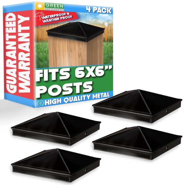 GreenLighting 6x6 Aluminum Pyramid Post Cap Cover (Black 4 Pack) Fits 6x6 Nominal Wood (True 5.5 x 5.5) Powder Coated Matte Outdoor Post Caps Cover, Fence Wood Post, Decking, Waterproof