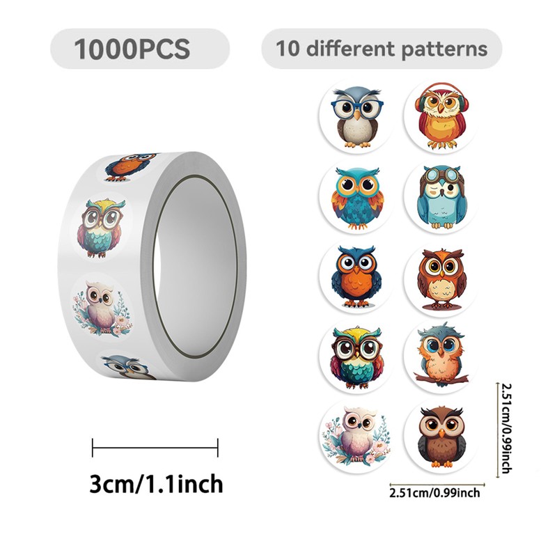 1000 Pieces Owl Sticker Roll for Kids, 10 Styles Cute