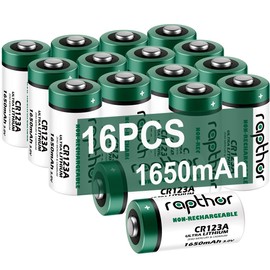 rapthor CR123A 16pack Lithium Batteries 1650mAh High Power UL Certified 3V Non-Rechargeable Battery with Built-in PTC for Flashlight Toys Alarm System Microphones (Not for Arlo)